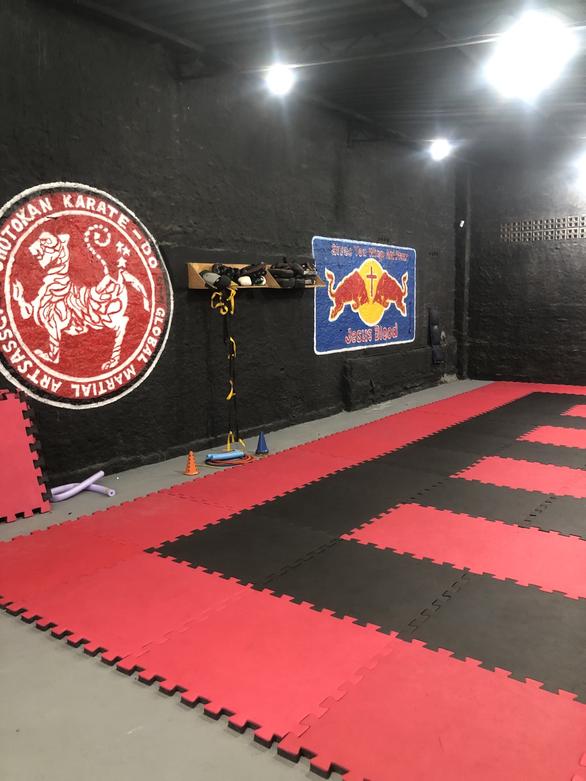 Área de treino do CT com tatame vermelho e preto